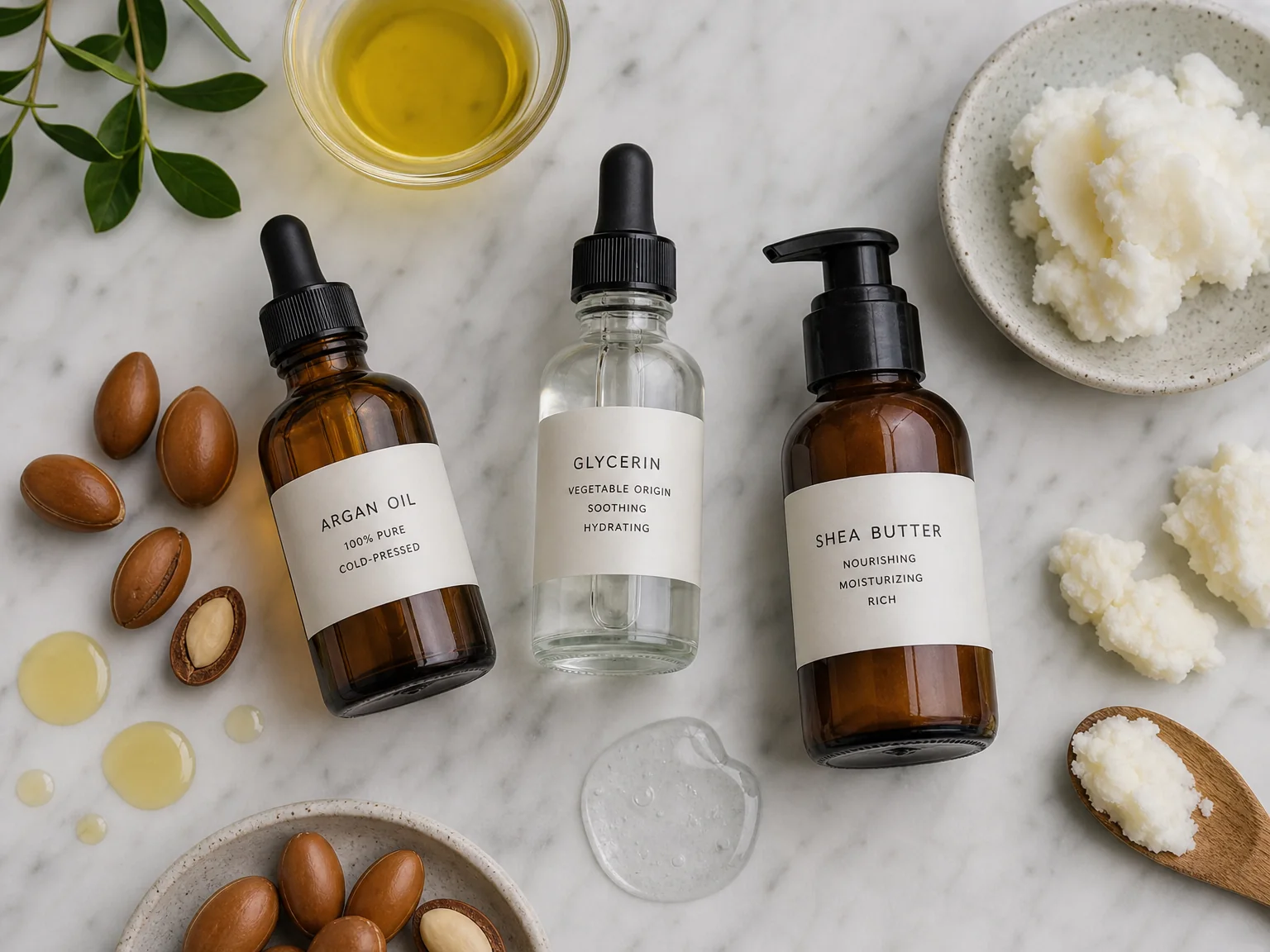 Still life of key ingredients like argan and shea butter