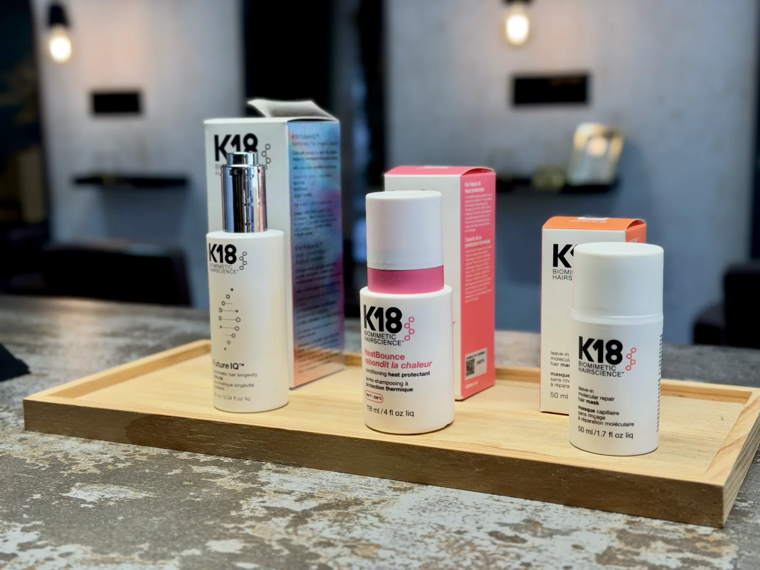 K18 FutureIQ serum, HeatBounce heat protectant and K18 mask at Milanocenter Estilismo, Elche