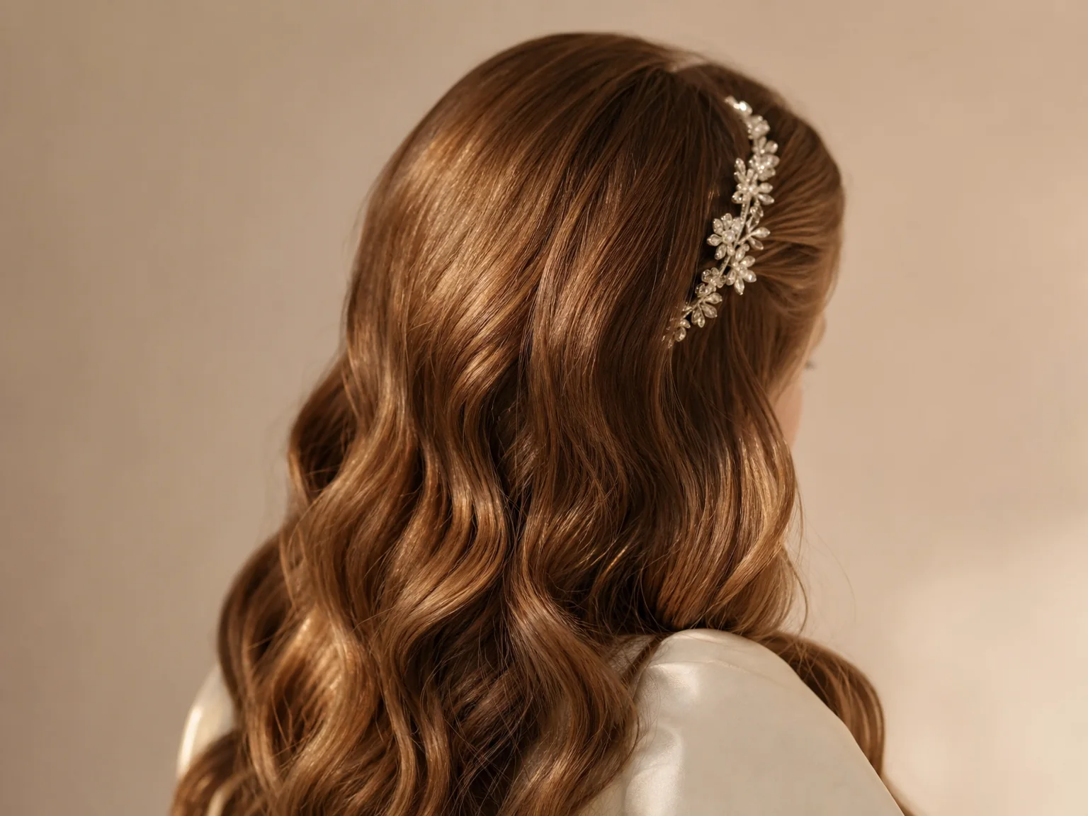 Niña con ondas estructuradas y diadema joya frontal
