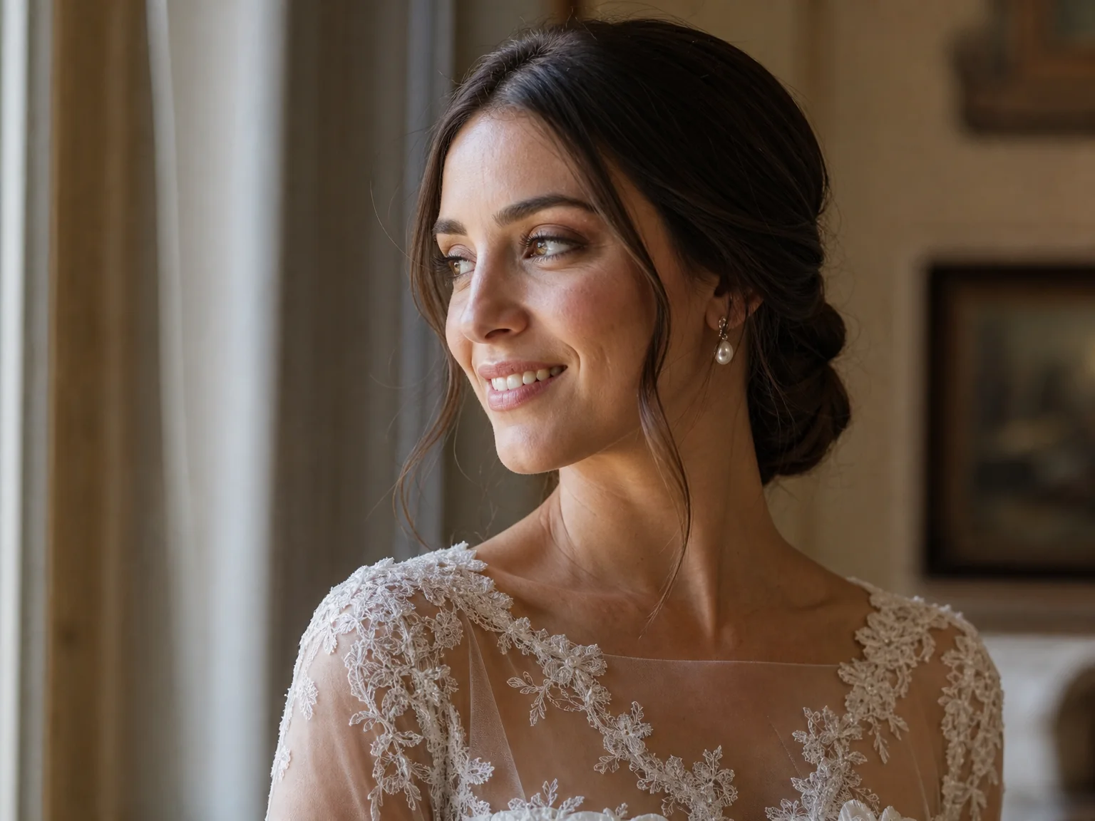 Textured low updo with floral ornaments