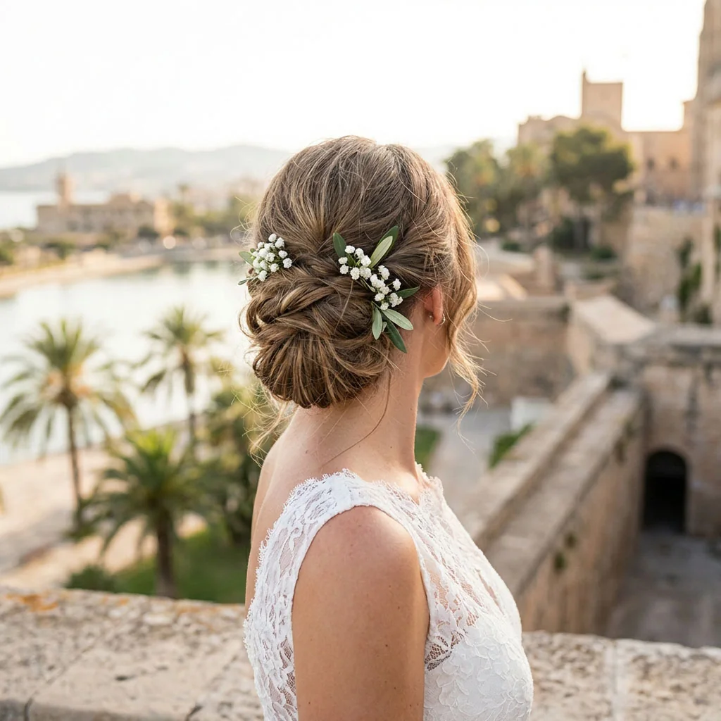 Textured low updo with floral ornaments