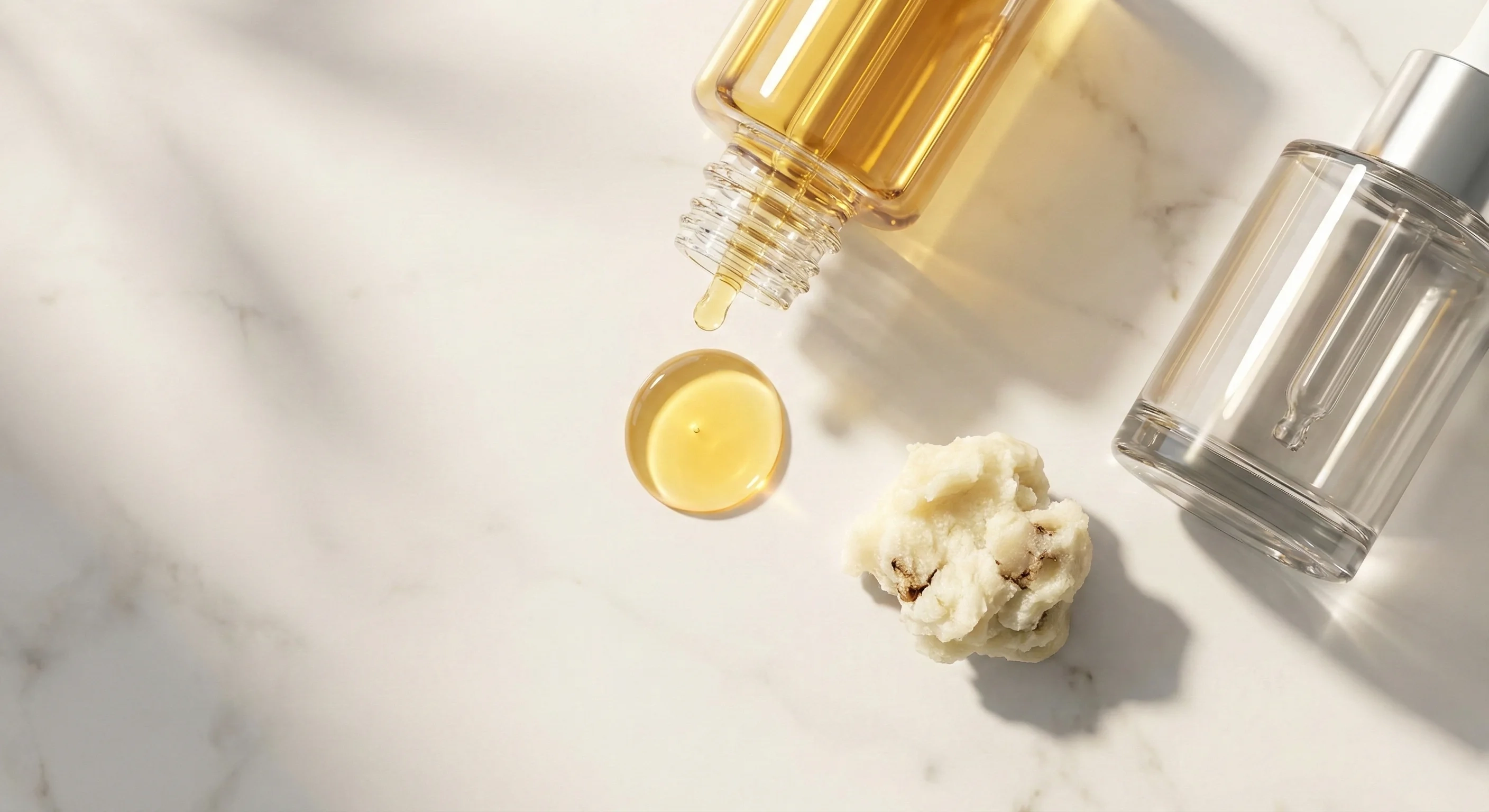 Still life of key ingredients like argan and shea butter